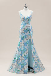 Sparkling Blue Flower Spaghetti Straps Lace Sequin Mermaid Prom Gown with Slit