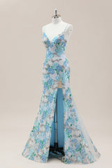 Sparkling Blue Flower Spaghetti Straps Lace Sequin Mermaid Prom Gown with Slit