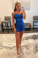 Stunning Royal Blue Glitter Homecoming Dress with Thin Strap Design
