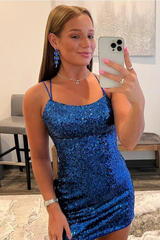 Stunning Royal Blue Glitter Homecoming Dress with Thin Strap Design
