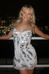 Stunning Silver Sequin Party Dress with Sparkle Accents and Elegant Keyhole Back