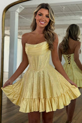 Chic Short Strapless Homecoming Dress with Glitter Beading and Flared Skirt