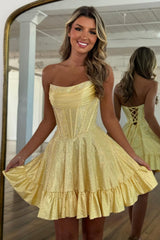 Chic Short Strapless Homecoming Dress with Glitter Beading and Flared Skirt