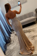 Champagne Sparkly Strapless Mermaid Prom Dress with Beaded Bodice and Side Cutout