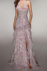 Elegant Halter Sequin Prom Gown with Corset Bodice, High Slit and Ruffled Skirt