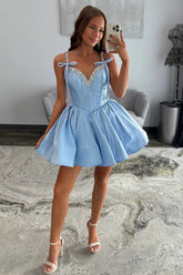 Pretty Light Blue Corset Party Dress with Crystal Bodice and Ribbon Tie Straps