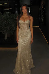 Silver Spaghetti Strap Mermaid Prom Dress with Sparkling Beaded Corset