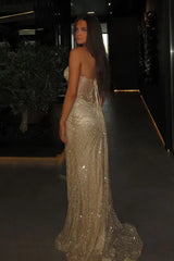 Silver Spaghetti Strap Mermaid Prom Dress with Sparkling Beaded Corset
