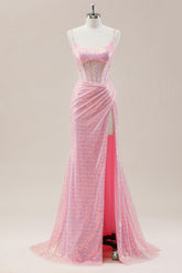 Sparkly Pink Corset Sequin Prom Dress with Ruched Skirt and High Slit