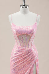 Sparkly Pink Corset Sequin Prom Dress with Ruched Skirt and High Slit