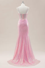 Sparkly Pink Corset Sequin Prom Dress with Ruched Skirt and High Slit