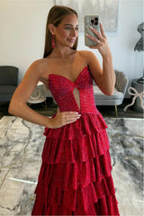 Red Strapless Prom Dress with Sparkling Lace-Up Top, Tiered Ruffles, Side Cutout & Slit