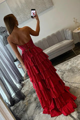 Red Strapless Prom Dress with Sparkling Lace-Up Top, Tiered Ruffles, Side Cutout & Slit