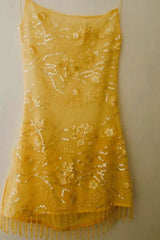 Stunning Yellow Beaded Homecoming Dress with Glitter Finish and Fringe Skirt