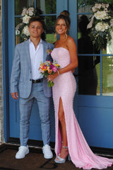 Sparkling Blush Pink Pearl Prom Dress with Elegant Side Slit