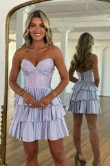 Chic Sparkly Homecoming Dress with Beaded Bodice and Short Tiered Skirt
