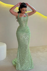 Sparkly Gold Mermaid Halter Neck Prom Gown with Ruched Detailing