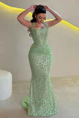 Sparkly Gold Mermaid Halter Neck Prom Gown with Ruched Detailing