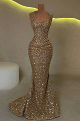 Sparkly Gold Mermaid Halter Neck Prom Gown with Ruched Detailing