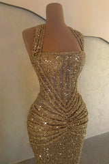 Sparkly Gold Mermaid Halter Neck Prom Gown with Ruched Detailing