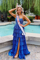 Strapless A-Line Prom Dress with Ruffled Skirt, Keyhole Bodice, High Slit & Lace-Up Back