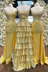 Strapless A-Line Prom Dress with Ruffled Skirt, Keyhole Bodice, High Slit & Lace-Up Back