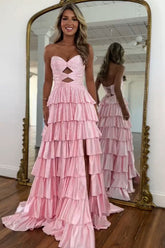 Strapless A-Line Prom Dress with Ruffled Skirt, Keyhole Bodice, High Slit & Lace-Up Back