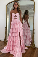 Strapless A-Line Prom Dress with Ruffled Skirt, Keyhole Bodice, High Slit & Lace-Up Back