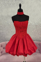 Chic Red Strapless Homecoming Dress with Lace Corset and Bubble Hem