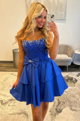 Short Royal Blue Strapless Dress with Sparkly Beaded Top and Bow Detail