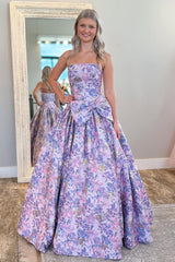 Romantic Purple Strapless A-Line Prom Dress with Floral Accents and Bow