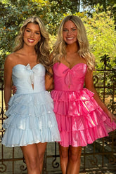 Sweet Strapless Tiered Ruffle Hoco Dress with Chiffon Fabric and Front Bow
