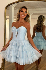 Sweet Strapless Tiered Ruffle Hoco Dress with Chiffon Fabric and Front Bow