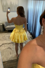 Romantic Strapless Satin Homecoming Dress with Bubble Hem Skirt