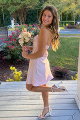 Trendy Light Pink Strapless Mini Party Dress with Ruched A-Line Shape