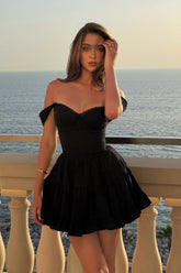 Stylish Black Off-the-Shoulder Mini Dress with Fitted Ruched Bodice