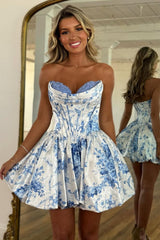 Romantic Blue Print Satin Homecoming Dress with Sweetheart Top and Flared Skirt