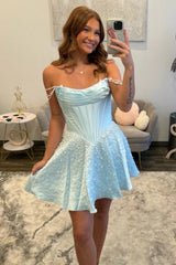 Pretty Off Shoulder Homecoming Dress with Structured Corset Bodice and Pearl Accents
