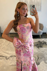 Pink Floral Jacquard Strapless Mermaid Prom Dress with Bow Detail