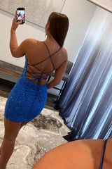 Chic Royal Blue Beaded Bodycon Homecoming Dress with Spaghetti Straps
