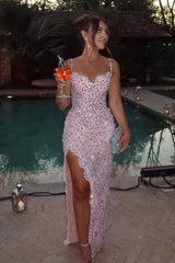 Pink Sheath Spaghetti Strap Long Party Dress with Lace Beading