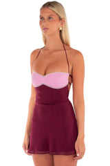 Chic Burgundy Mini Homecoming Dress with Halter Neckline and Criss Cross Back Design