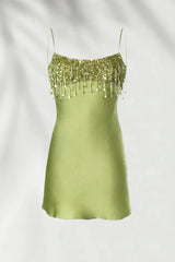 Glamorous Green Satin Short Homecoming Dress with Tassel Details