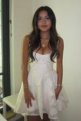 Dreamy White Floral Mini Homecoming Dress with Thin Straps and Flared Skirt