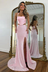 Chic Blush Pink Halter Satin Two-Piece Prom Dress with Mermaid Skirt and Pearls