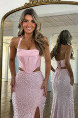 Chic Blush Pink Halter Satin Two-Piece Prom Dress with Mermaid Skirt and Pearls