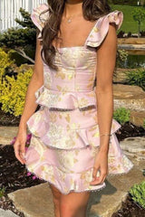 Pink Square Neck A-Line Homecoming Dress with Ruffle Detail