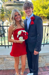 Red Satin Strapless Sheath Homecoming Dress with Ruffle Detail