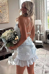Romantic Floral Lace Hoco Dress with Fitted Corset Bodice and Ruffled Mini Skirt
