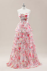 Sweet Floral Strapless Long Tiered Ruffle Ball Gown Print Prom Dres